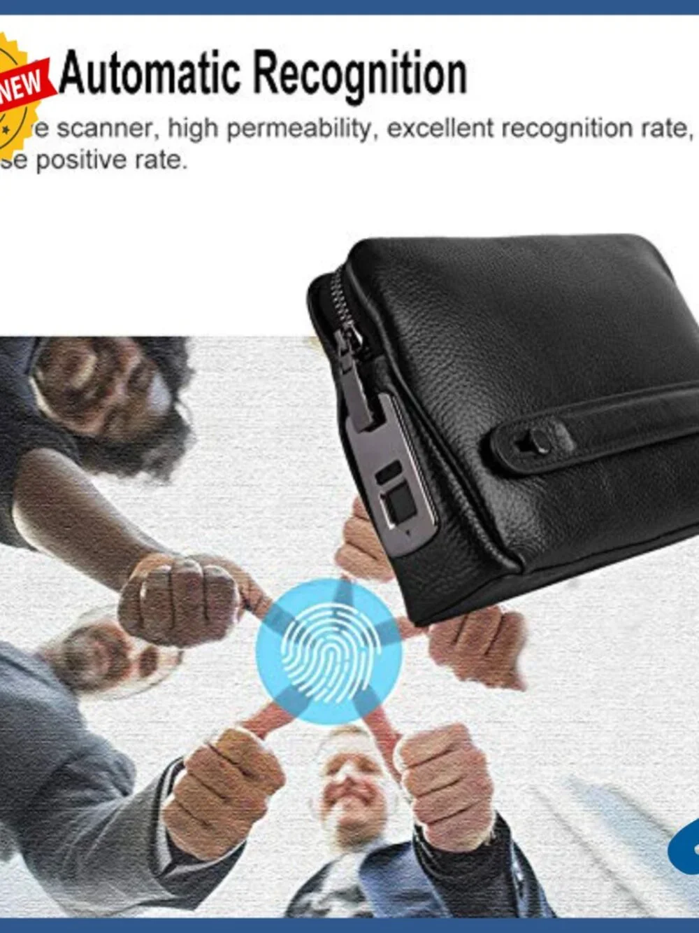 Smart Fingerprint Lock Leather Wallet with Zipper Security
